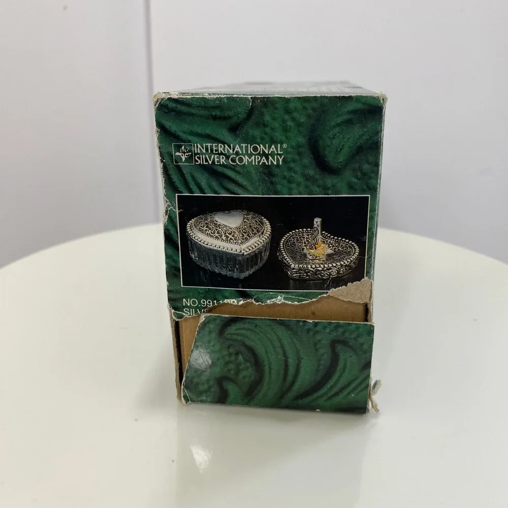International Silver Co Heart Jewelry Box Ring Holder Set Silverplated Victorian